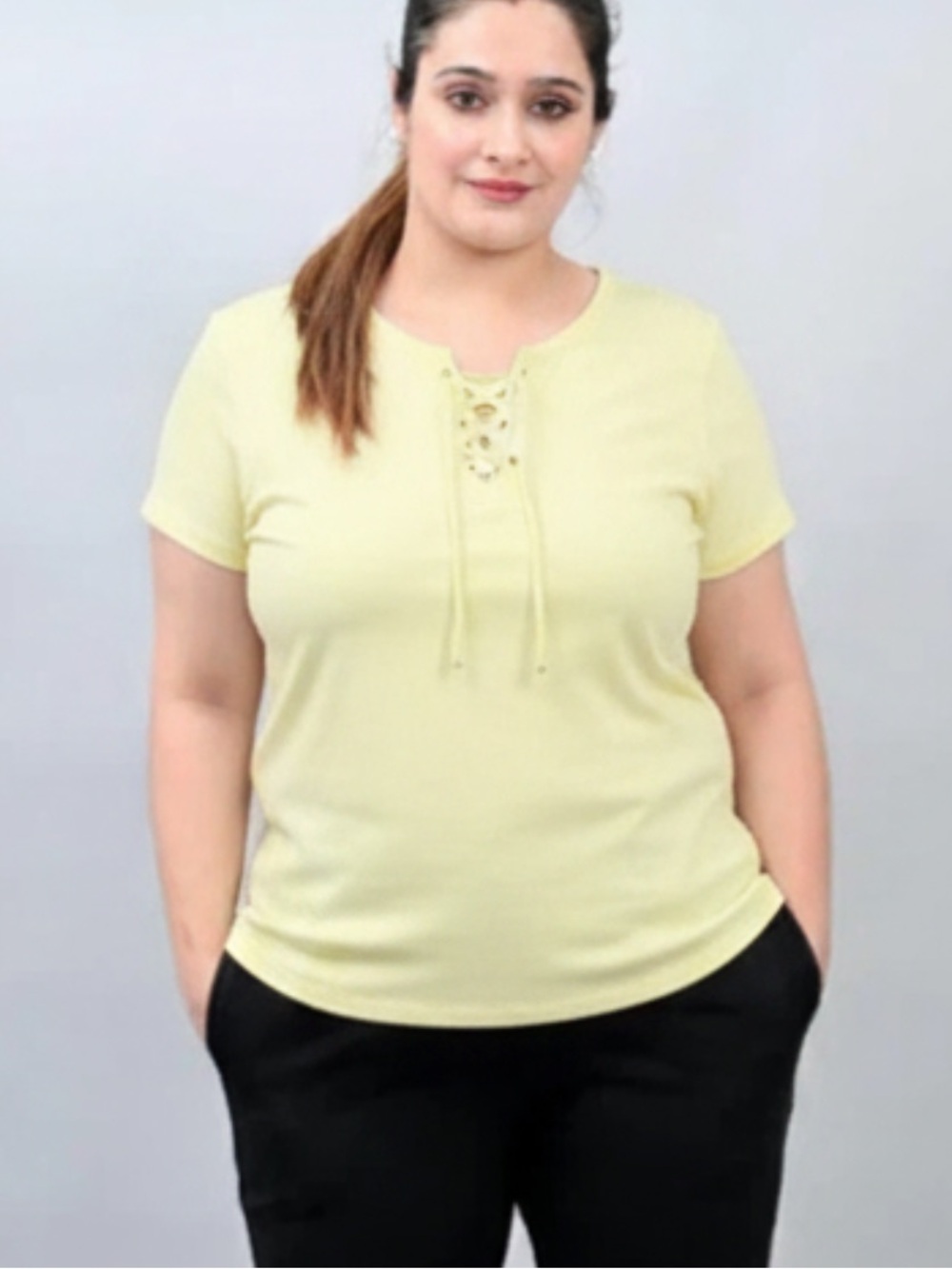 SEG’MENTS Yellow 100% Cotton Lace Up Front Short Sleeve Top Made in Canada M